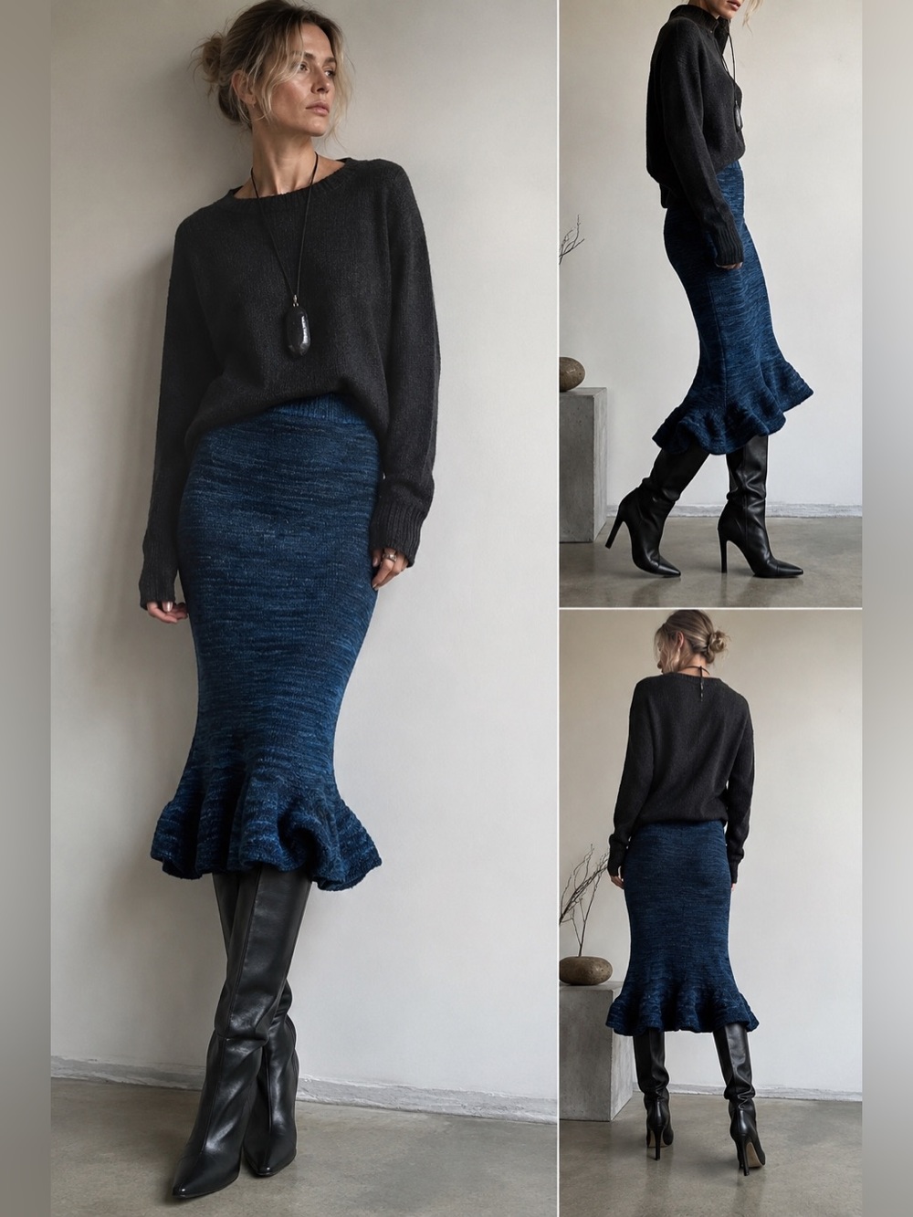 AIGUÁ 100% Wool Knit Mermaid Flounce Skirt Blue Marl XS Made in Uruguay